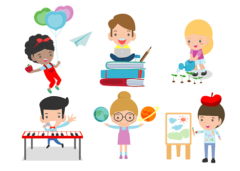 Set of school kids in education concept,happy cartoon kids in classroom,children playing and lifestyle, child go to school, back to school, Vector Illustration.